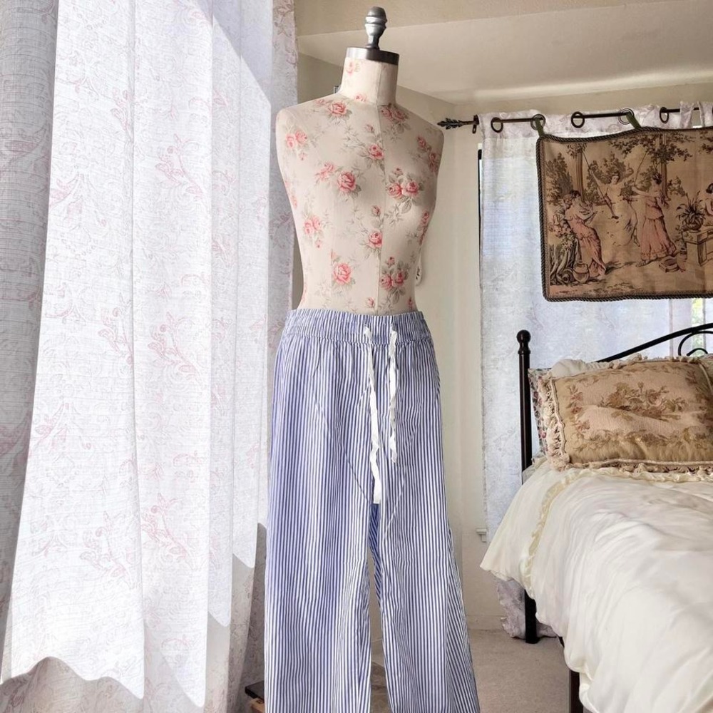 blue and white striped pants